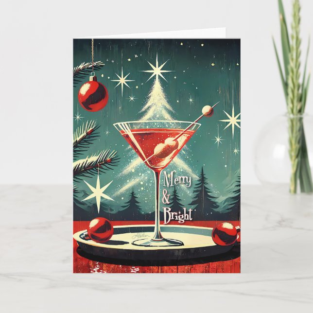 Retro 50s Snow Flurry Christmas Tree Martini Card (Front)