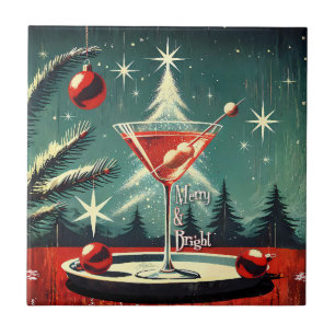 Retro 50s Snow Flurry Christmas Tree Martini Ceramic Tile