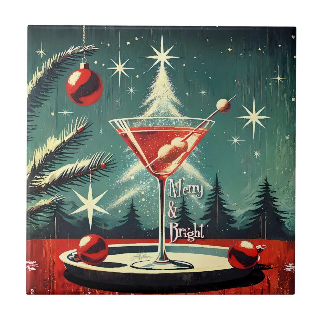 Retro 50s Snow Flurry Christmas Tree Martini Ceramic Tile (Front)
