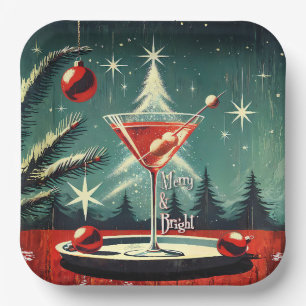 Retro 50s Snow Flurry Christmas Tree Martini Paper Plate