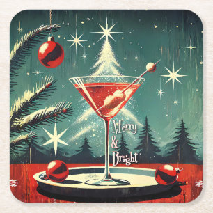 Retro 50s Snow Flurry Christmas Tree Martini Square Paper Coaster