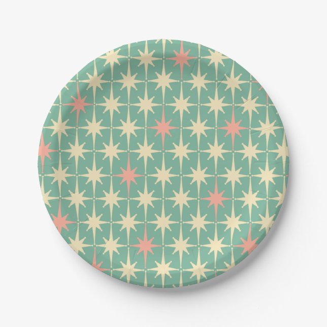 Retro 50s Star Pattern Teal Mint Pink Cream Paper Plate (Front)
