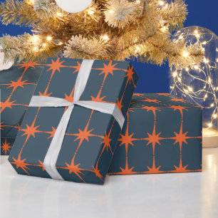 Retro 50s Starburst Pattern Orange Blue Wrapping Paper