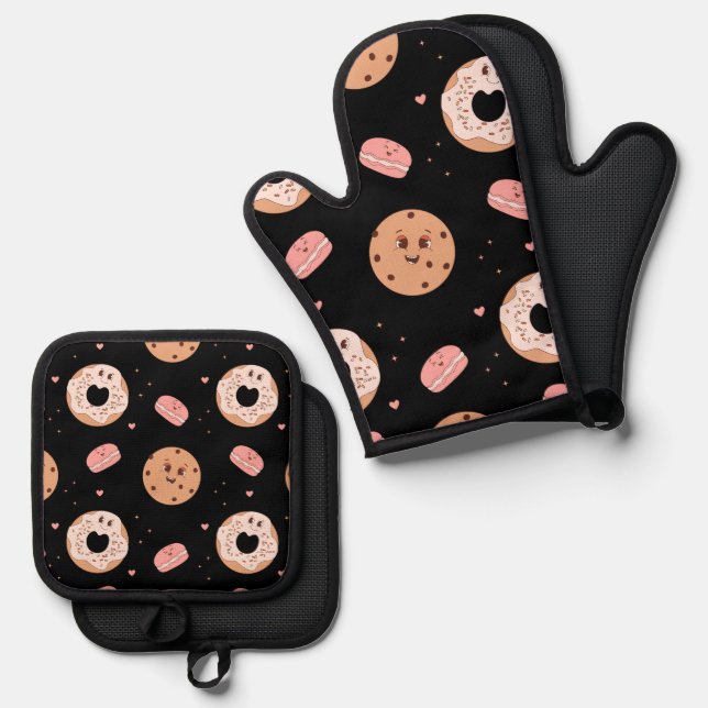 Retro 50s Style Dessert Characters Pattern Oven Mitt & Pot Holder Set (Front/Back)