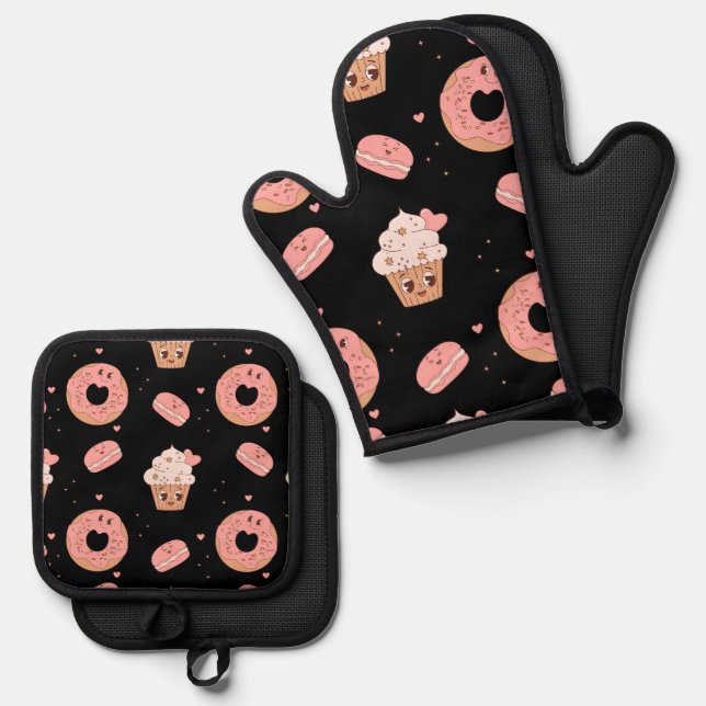 Retro 50s Style Food Character Pattern Oven Mitt & Pot Holder Set (Front/Back)