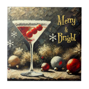 Retro 50s Triple Cranberry Christmas Martini Ceramic Tile