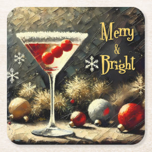 Retro 50s Triple Cranberry Christmas Martini Square Paper Coaster