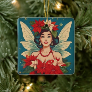 Retro 50s Tropical Christmas Pin-Up Beauty Queen Ceramic Ornament