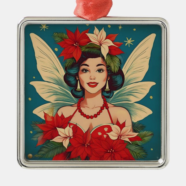 Retro 50s Tropical Christmas Pin-Up Beauty Queen Metal Ornament (Front)