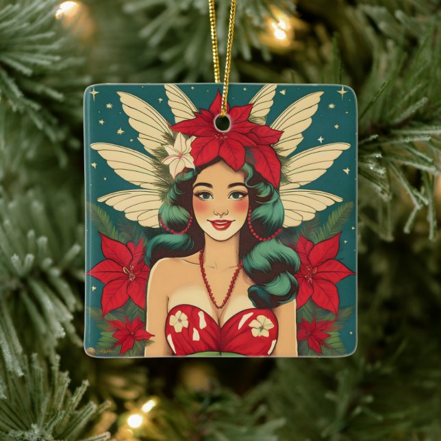 Retro 50s Tropical Christmas Pin-Up Girl Ceramic Ornament (Tree)