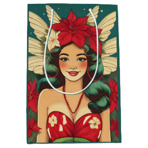 Retro 50s Tropical Christmas Pin-Up Girl Medium Gift Bag