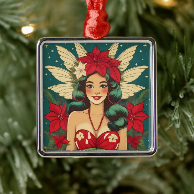 Retro 50s Tropical Christmas Pin-Up Girl Metal Ornament (Tree)
