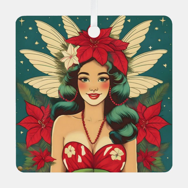 Retro 50s Tropical Christmas Pin-Up Girl Metal Tree Decoration (Front)