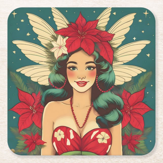 Retro 50s Tropical Christmas Pin-Up Girl Square Paper Coaster (Front)