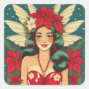 Retro 50s Tropical Christmas Pin-Up Girl Square Sticker
