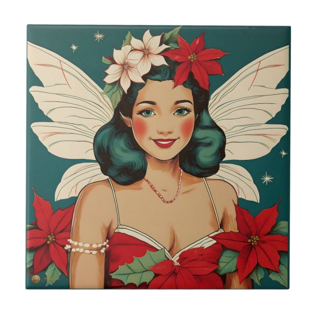 Retro 50s Tropical Christmas Pin-Up Starlet Ceramic Tile (Front)