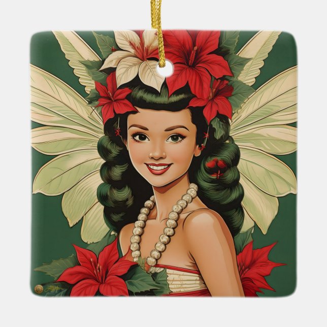 Retro 50s Tropical Christmas Princess Ceramic Ornament (Front)