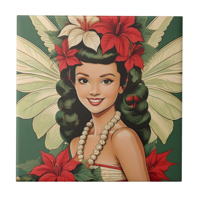 Retro 50s Tropical Christmas Princess Ceramic Tile (Front)