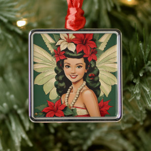 Retro 50s Tropical Christmas Princess Metal Ornament