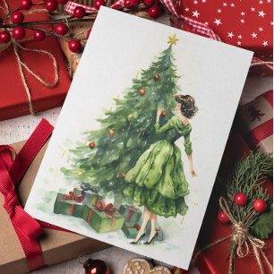 Retro 50's Woman Christmas Tree Card