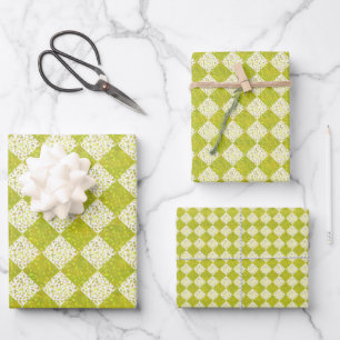 Retro 50s Yellow Green Colour Diamond Pattern Them Wrapping Paper Sheet