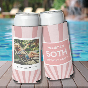 Retro 50th Birthday Pink Stripe Can Cooler