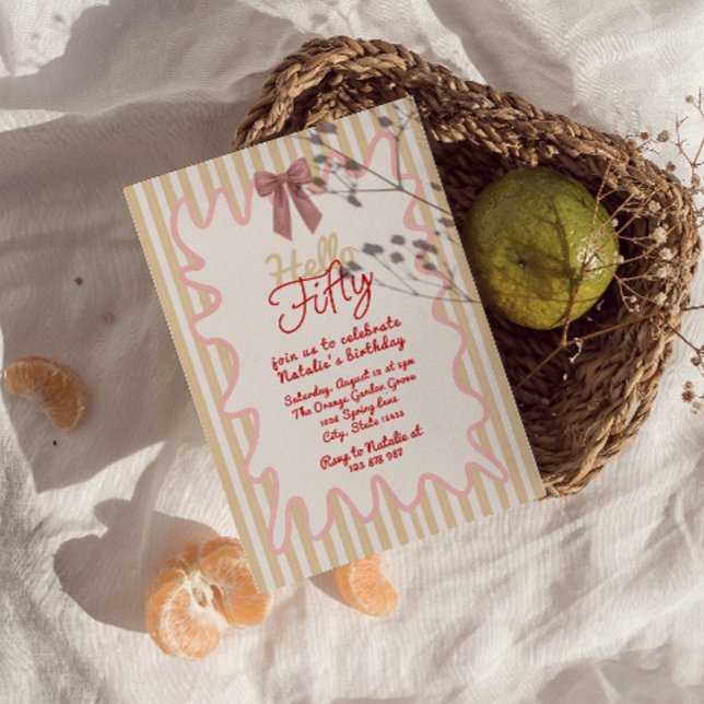 Retro 50th Hand Painted Bow Hello Fifty Birthday Invitation (Creator Uploaded)