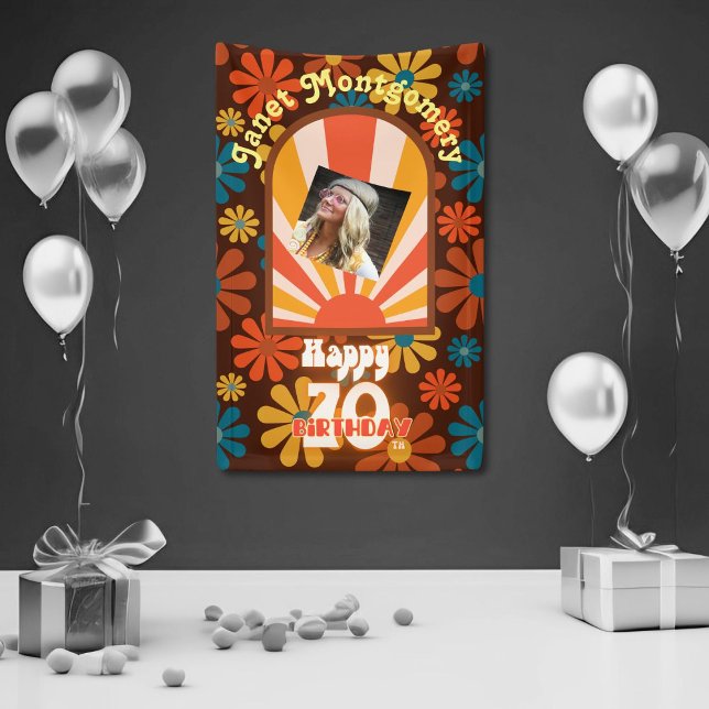 Retro 60’s Flower Power Custom Photo 70th Birthday Banner (Creator Uploaded)