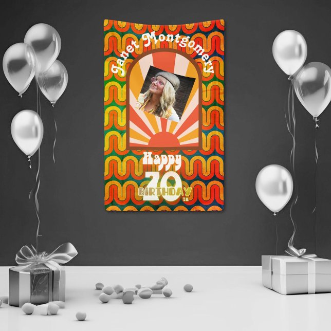 Retro 60’s Psychedelic Custom Photo 70th Birthday Banner (Creator Uploaded)
