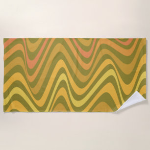 Retro 60s 70s Abstract Lines Pattern Green Yellow  Beach Towel