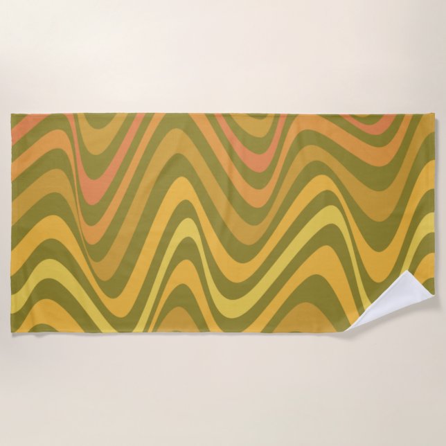 Retro 60s 70s Abstract Lines Pattern Green Yellow  Beach Towel (Front)