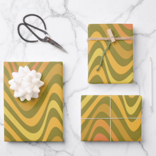 Retro 60s 70s Abstract Lines Pattern Green Yellow  Wrapping Paper Sheet