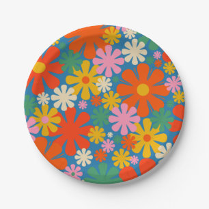 Retro 60s 70s Aesthetic Colourful Floral Pattern Paper Plate