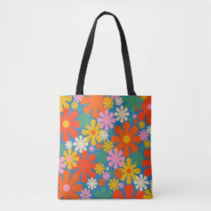 Retro 60s 70s Aesthetic Colourful Floral Pattern Tote Bag