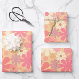 Retro 60s 70s Aesthetic Floral Pattern Blush Pink Wrapping Paper Sheet