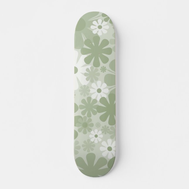 Retro 60s 70s Aesthetic Floral Pattern Sage Green Skateboard (Front)