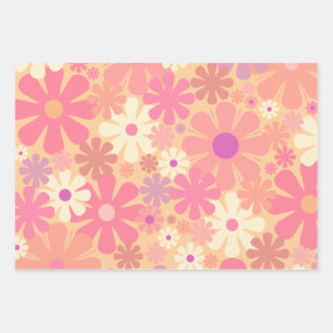Retro 60s 70s Aesthetic Floral Pattern Wrapping Paper Sheet