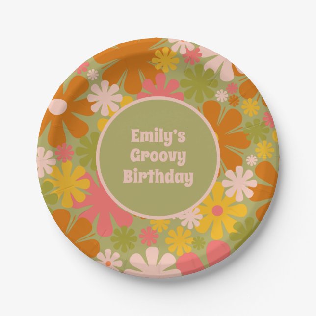 Retro 60s 70s Aesthetic Groovy Floral Personalised Paper Plate (Front)