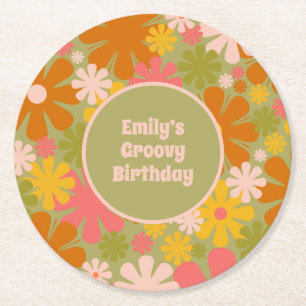 Retro 60s 70s Aesthetic Groovy Floral Personalised Round Paper Coaster