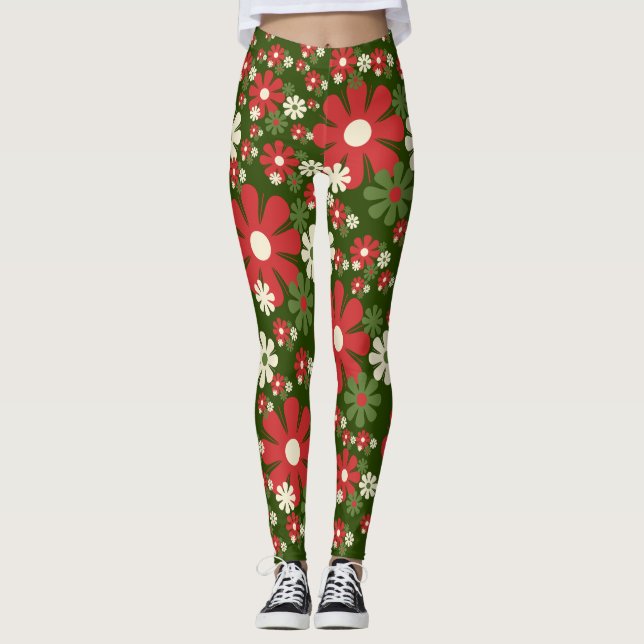 Retro 60s 70s Floral Flower Power Xmas Pattern Leggings (Front)