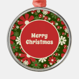 Retro 60s 70s Floral Merry Christmas Metal Ornament