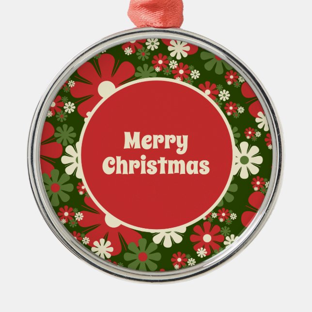 Retro 60s 70s Floral Merry Christmas Metal Ornament (Front)