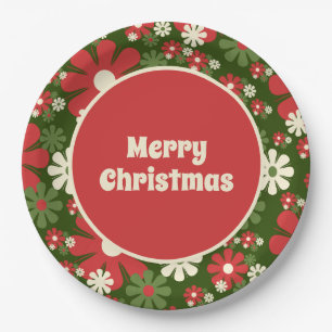 Retro 60s 70s Floral Merry Christmas Paper Plate