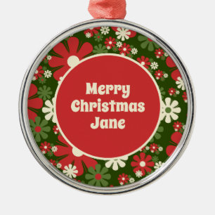 Retro 60s 70s Floral Merry Christmas Personalised Metal Ornament