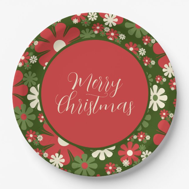 Retro 60s 70s Floral Merry Christmas Script Paper Plate (Front)