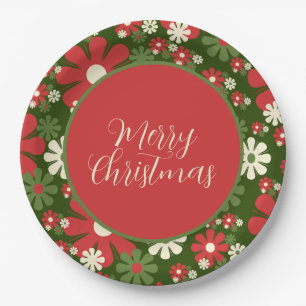 Retro 60s 70s Floral Merry Christmas Script Paper Plate