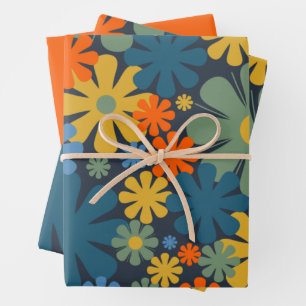 Retro 60s 70s Floral Pattern Blue Orange Wrapping Paper Sheet