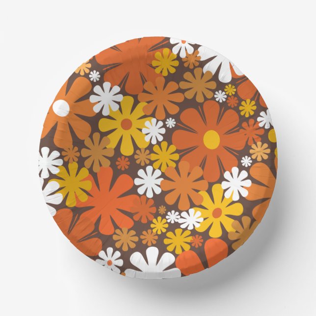 Retro 60s 70s Floral Pattern Orange and Brown Paper Plate (Front)