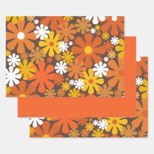 Retro 60s 70s Floral Pattern Orange and Brown Wrapping Paper Sheet