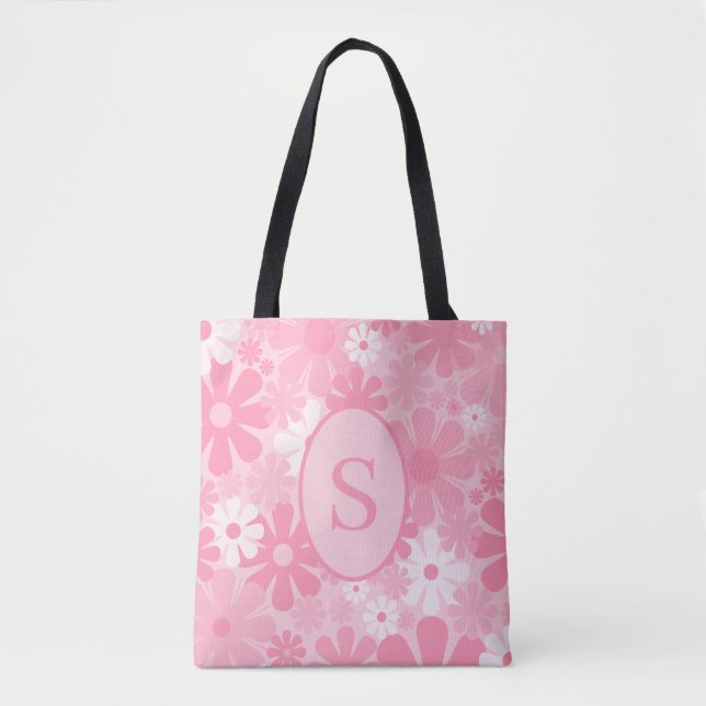 Retro 60s 70s Floral Pattern with Initial Pink Tote Bag (Front)